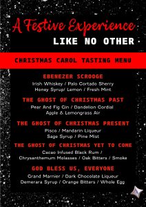 Five handcrafted cocktails arranged in a row, each with distinct colours and garnishes.